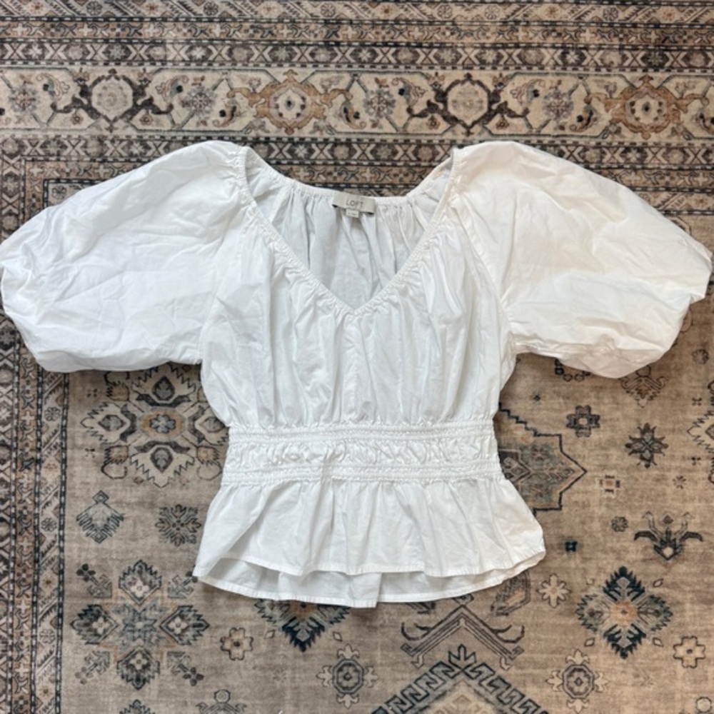 LOFT‎ White Puff Sleeve Smocked Peplum Top - Boho Coquette Cottagecore -Small - Picture 4 of 9